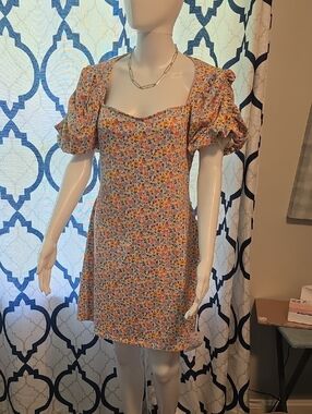 ASOS Yellow Floral Puff-Sleeve Square-Neck Mini Dress